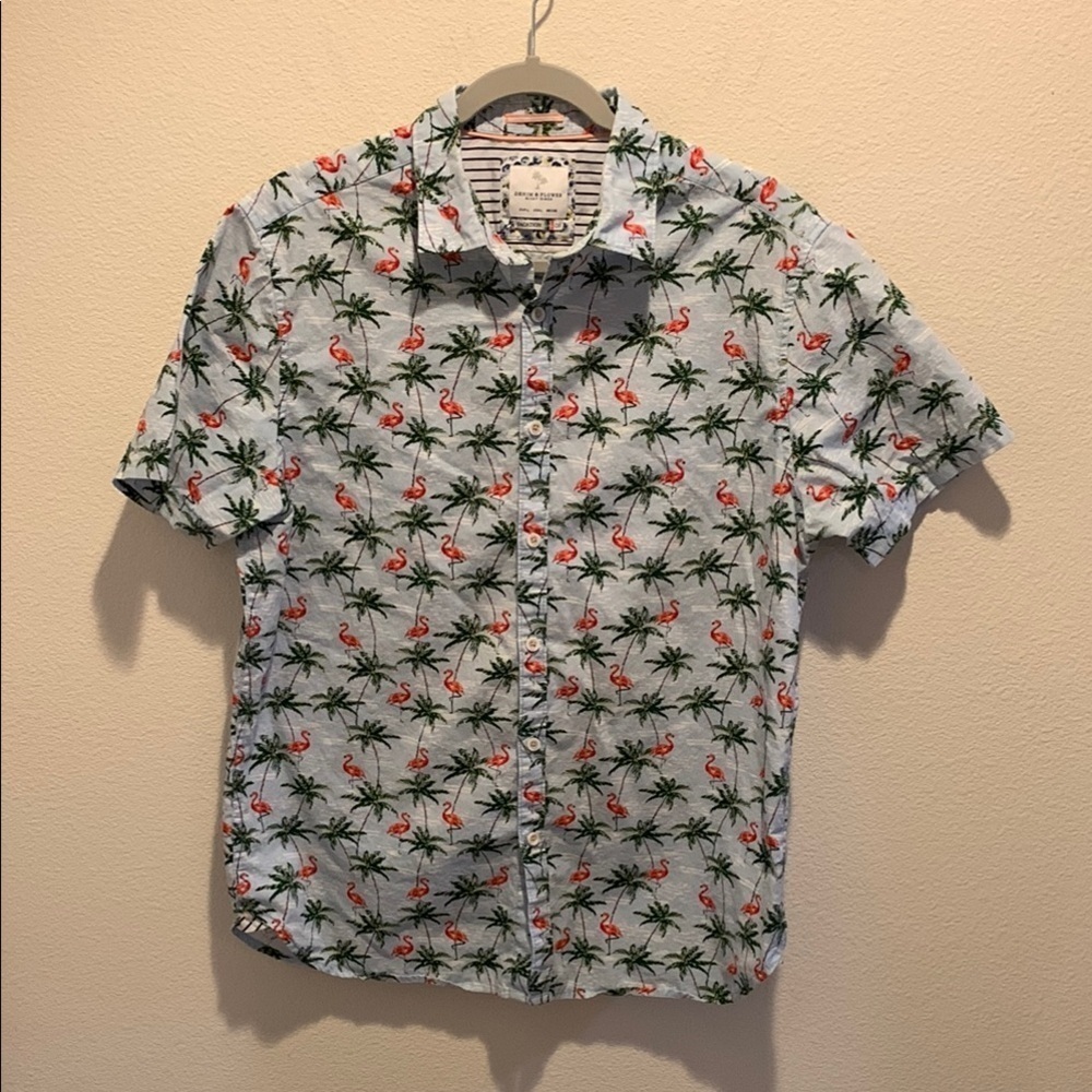 Denim & Flower Blue and Green Casual Button Down Flamingo&Palm Tree Shirt